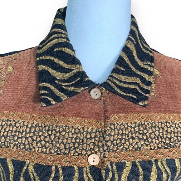 Vintage 90s Vest Safari Zebra Animal Print Button Down Tan Black Tapestry Shirt - Picture 2 of 9